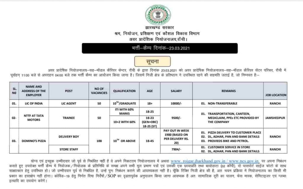 Ranchi Rojgar Mela Bharti 2021