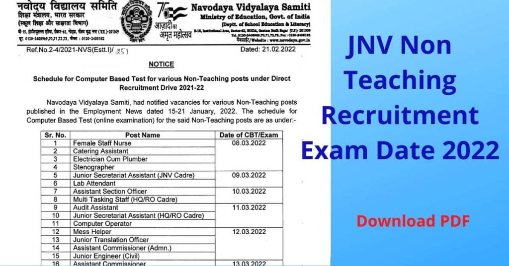JNV Non Teaching Recruitment Exam Date 2022JNV Non Teaching Recruitment Exam Date 2022